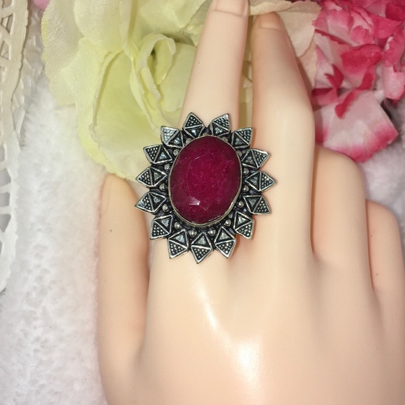 Natural Ruby Gemstone Handmade Cocktail Halo Ring - Picture 2 of 3